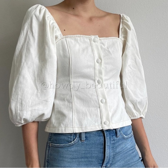 Lush front button square neck balloon sleeve crop - Picture 6 of 8